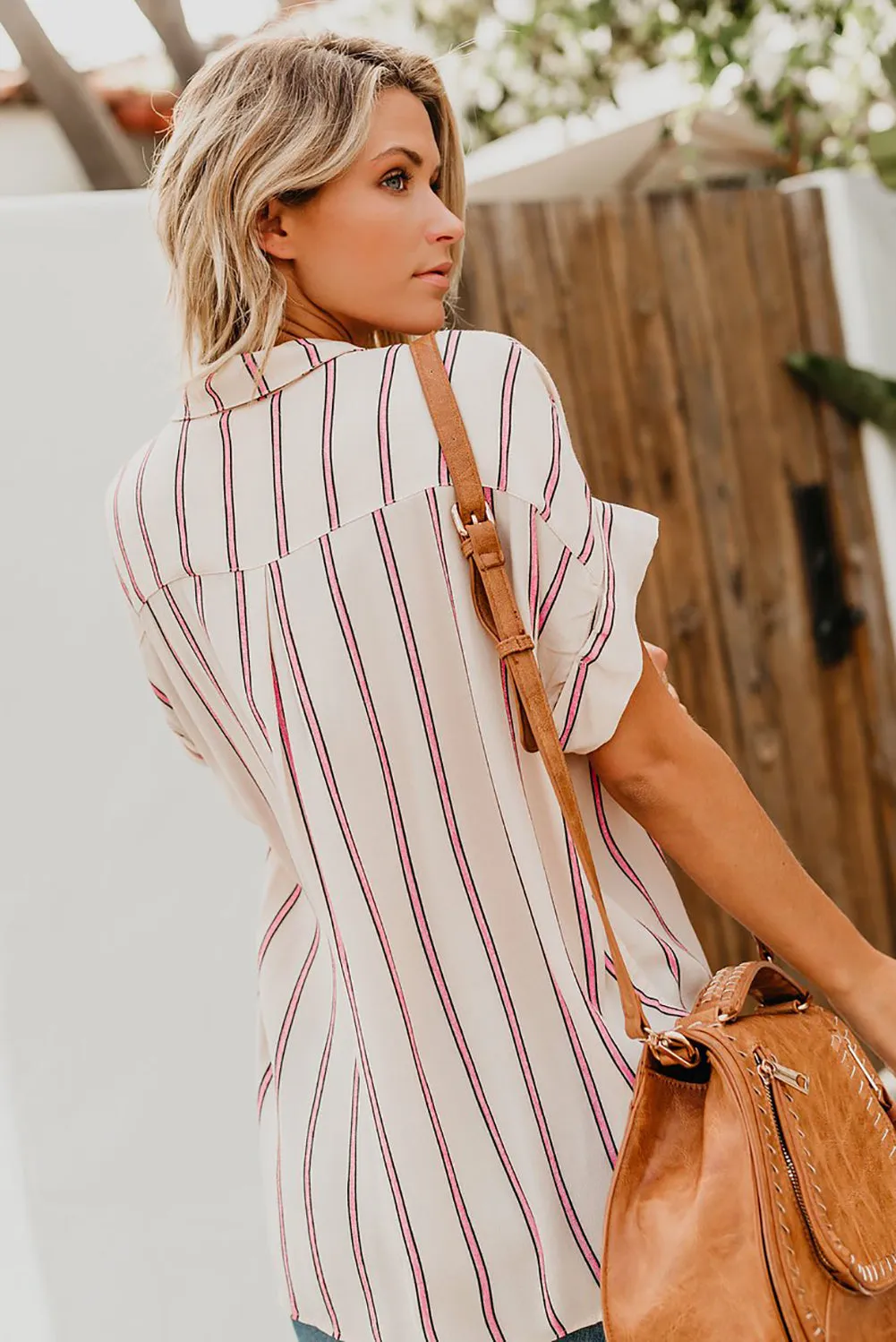 Turnover Neck Striped Button Up Shirt Womens