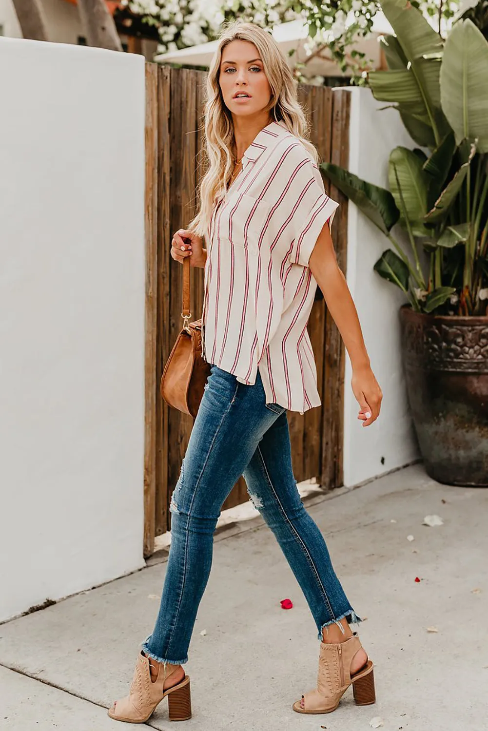 Turnover Neck Striped Button Up Shirt Womens