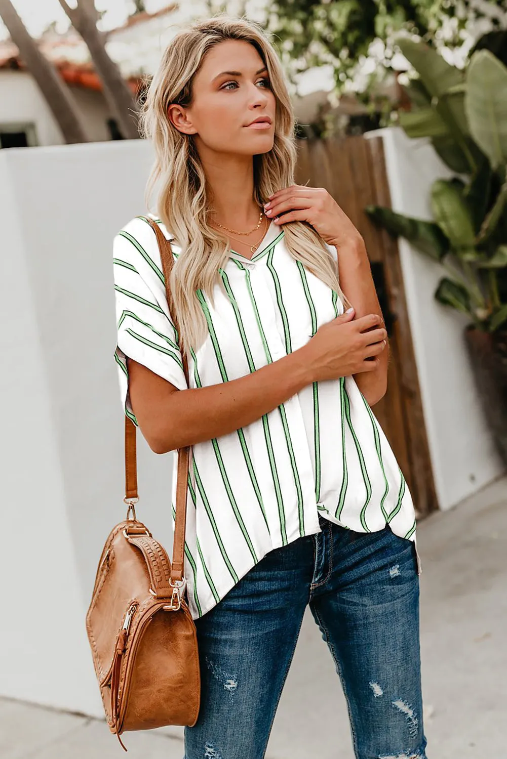 Turnover Neck Striped Button Up Shirt Womens