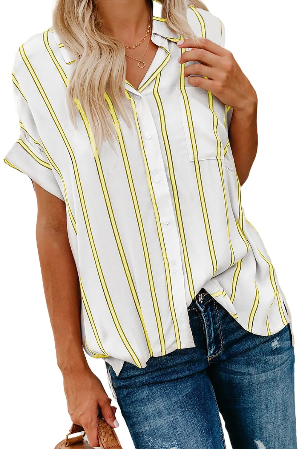 Turnover Neck Striped Button Up Shirt Womens