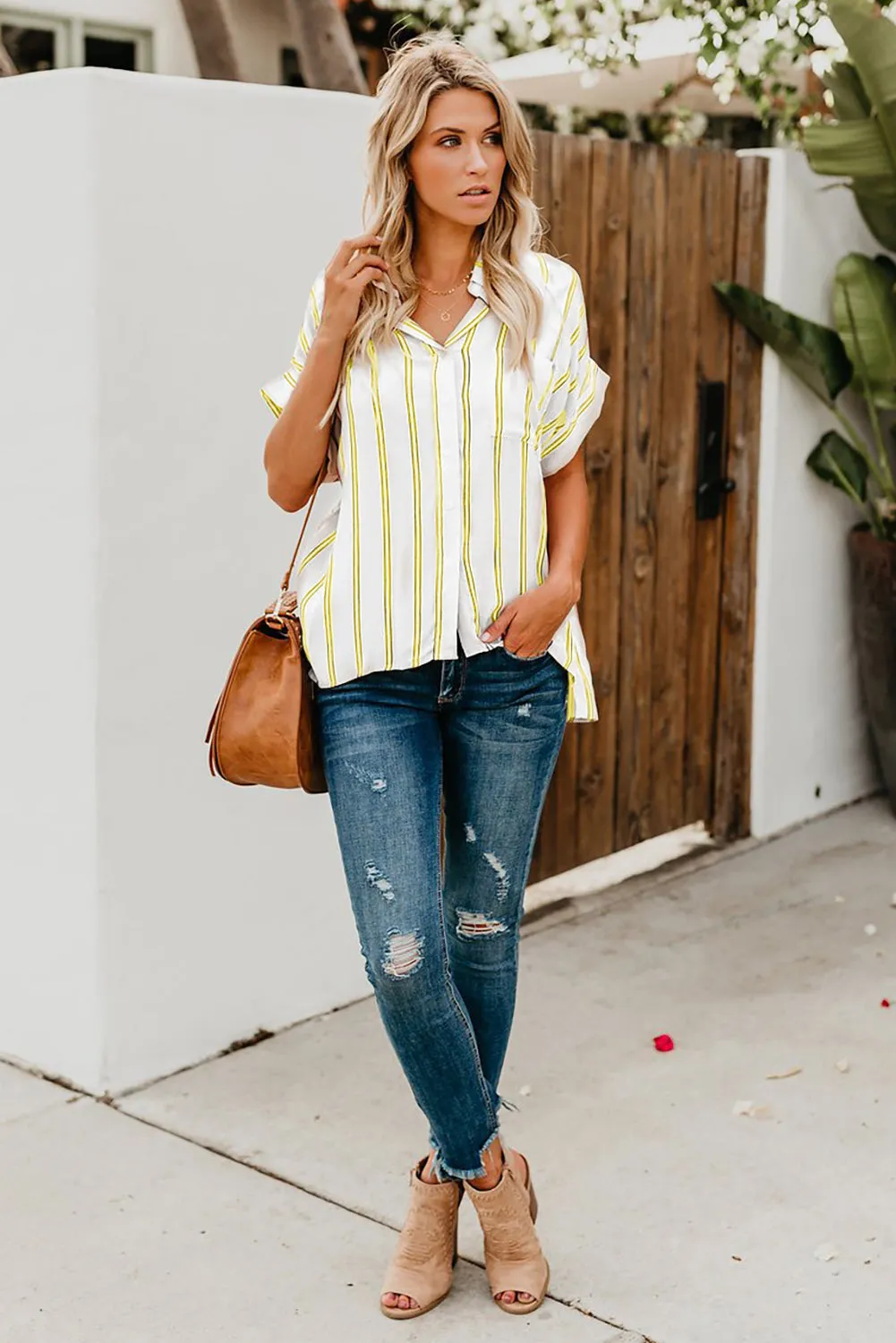 Turnover Neck Striped Button Up Shirt Womens
