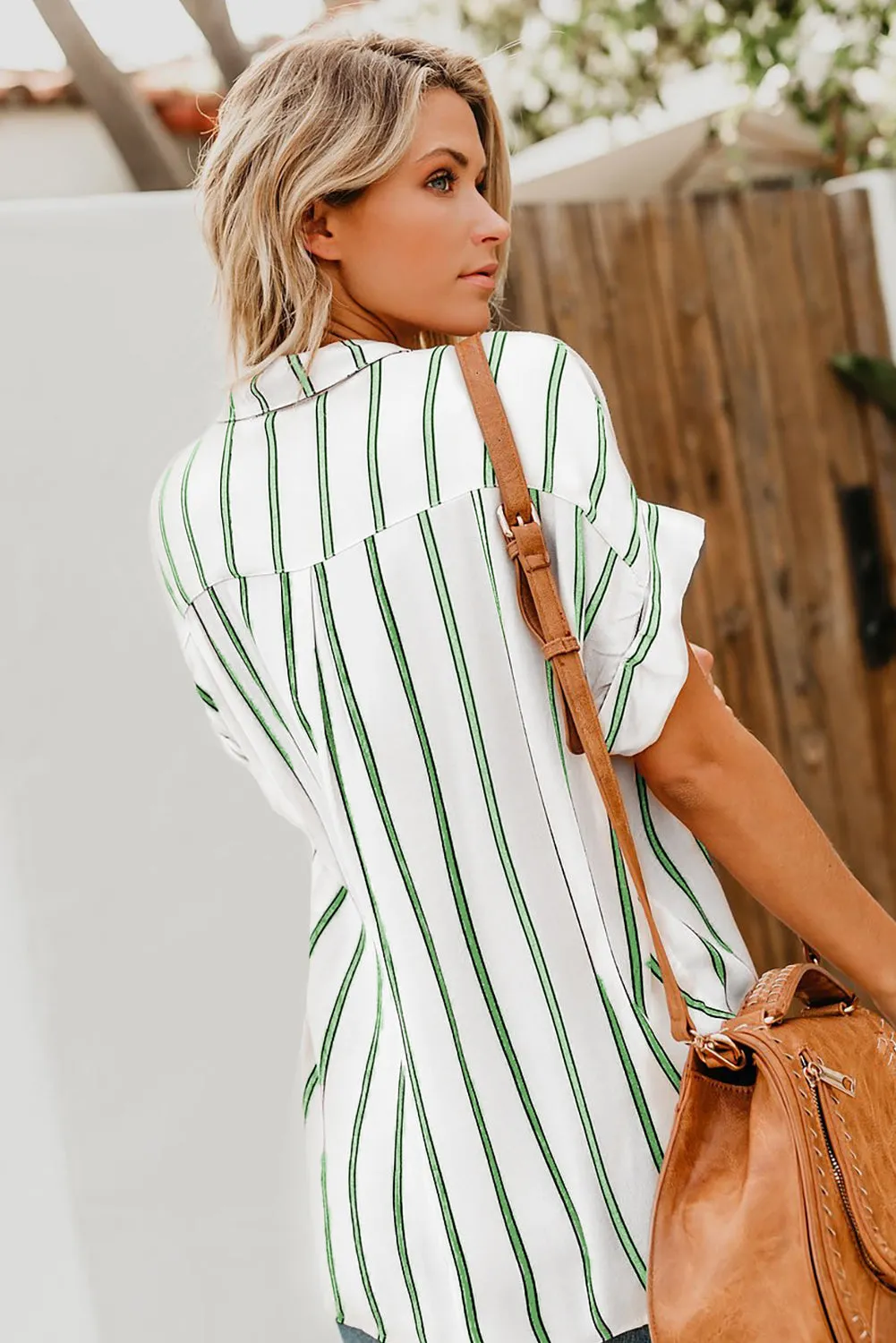 Turnover Neck Striped Button Up Shirt Womens