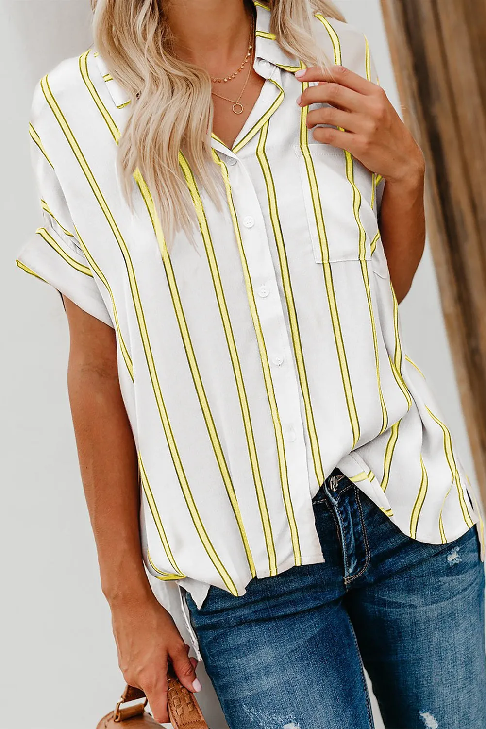 Turnover Neck Striped Button Up Shirt Womens