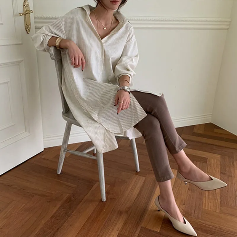 Vintage 90s Striped Long Sleeve Shirt | White Button Up Collar Striped Cotton Shirt | Women Cotton Blouse | Casual Full Sleeve Blouse Shirt