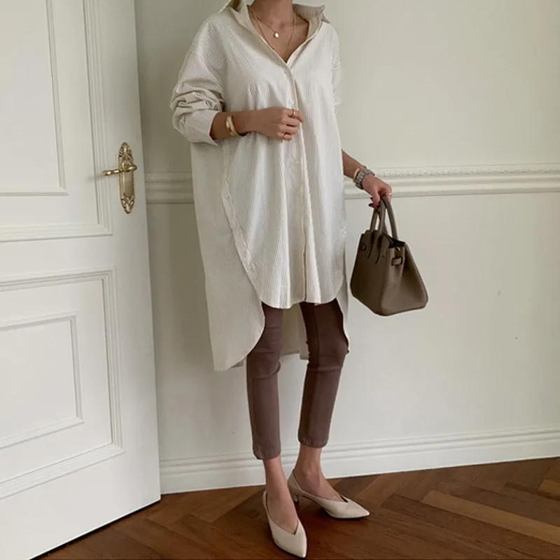 Vintage 90s Striped Long Sleeve Shirt | White Button Up Collar Striped Cotton Shirt | Women Cotton Blouse | Casual Full Sleeve Blouse Shirt