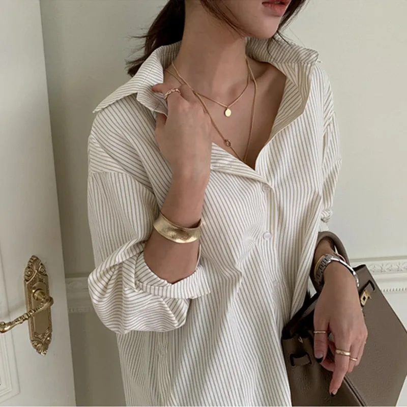 Vintage 90s Striped Long Sleeve Shirt | White Button Up Collar Striped Cotton Shirt | Women Cotton Blouse | Casual Full Sleeve Blouse Shirt