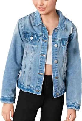 WDIRARA Girl's Ripped Flap Pocket Button Front Long Sleeve Collared Denim Jacket