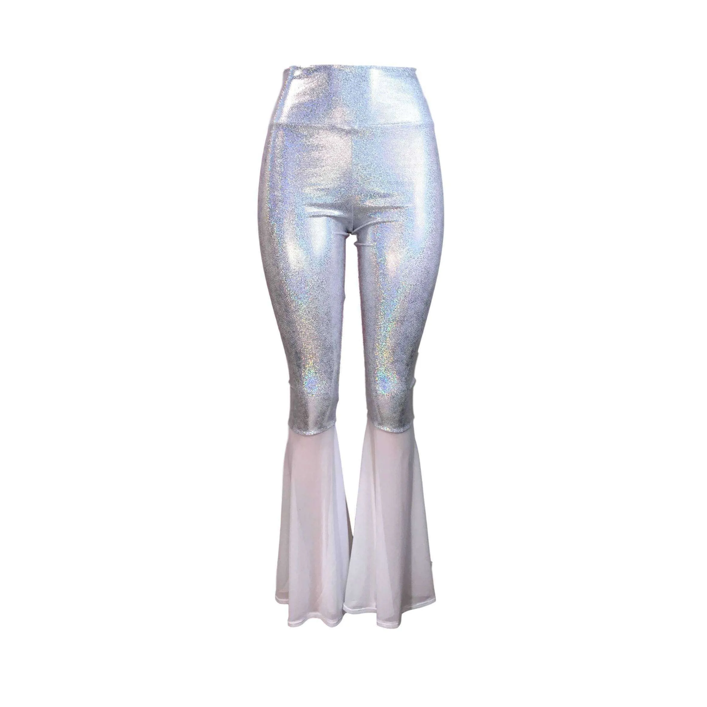 White Holographic Bell Bottoms w/ White Mesh Flares