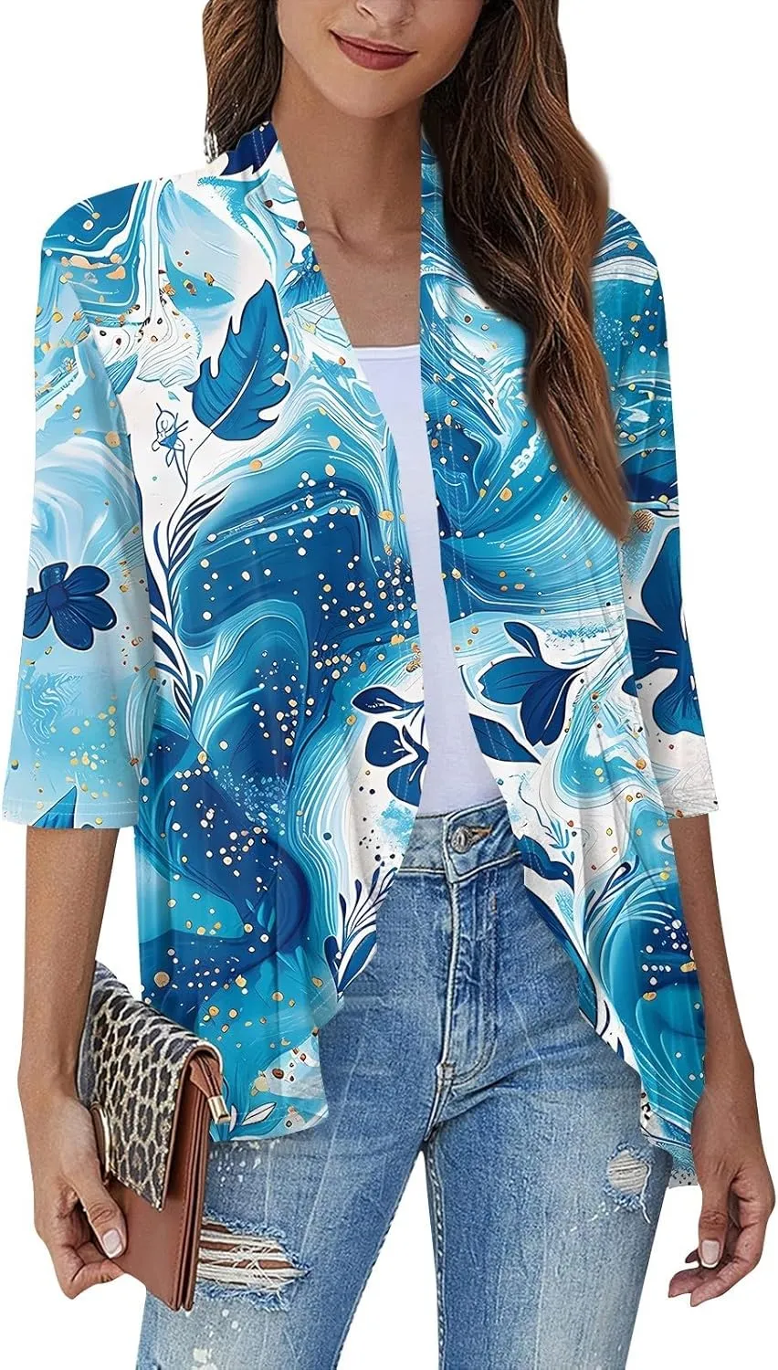 Women Cardigan 3/4 Sleeves Open Front Lightweight Cardigan Draped Ruffles Knit Cardigan Loose Casual Kimono Sweater