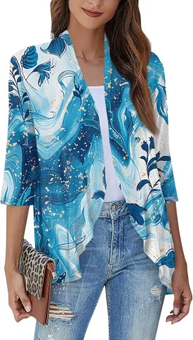 Women Cardigan 3/4 Sleeves Open Front Lightweight Cardigan Draped Ruffles Knit Cardigan Loose Casual Kimono Sweater