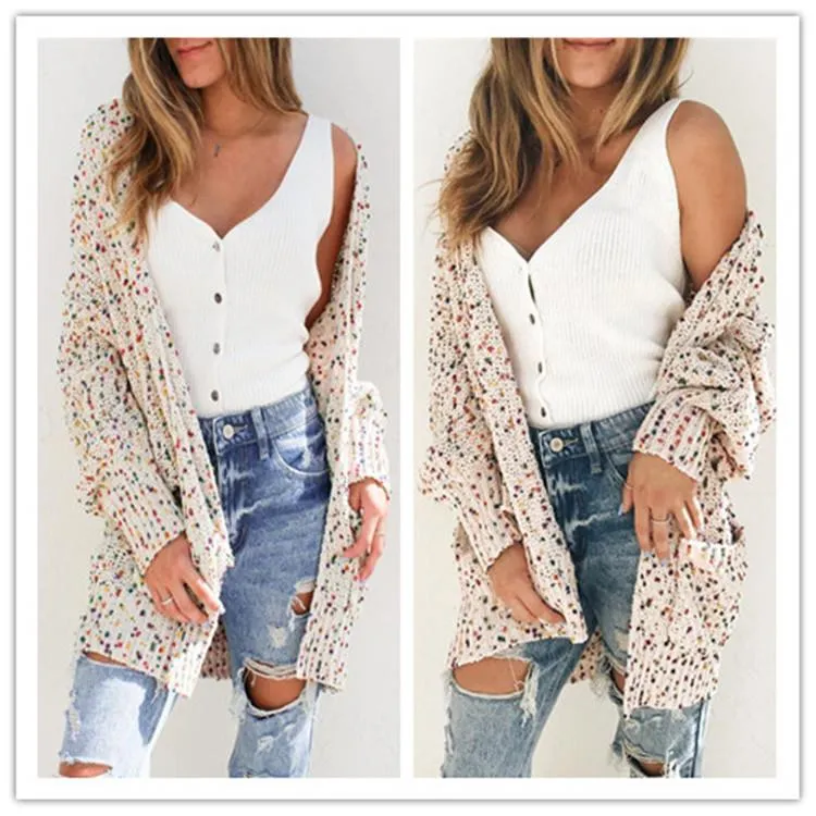 Women colorful dot knitted winter fall pockets long cardigan