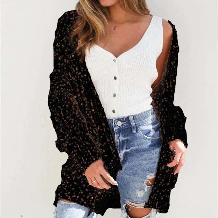 Women colorful dot knitted winter fall pockets long cardigan