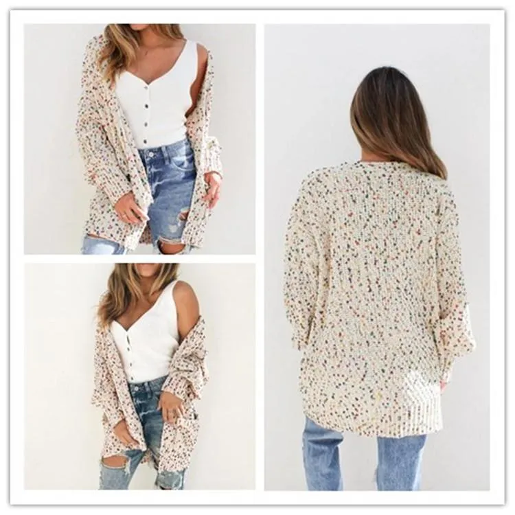 Women colorful dot knitted winter fall pockets long cardigan
