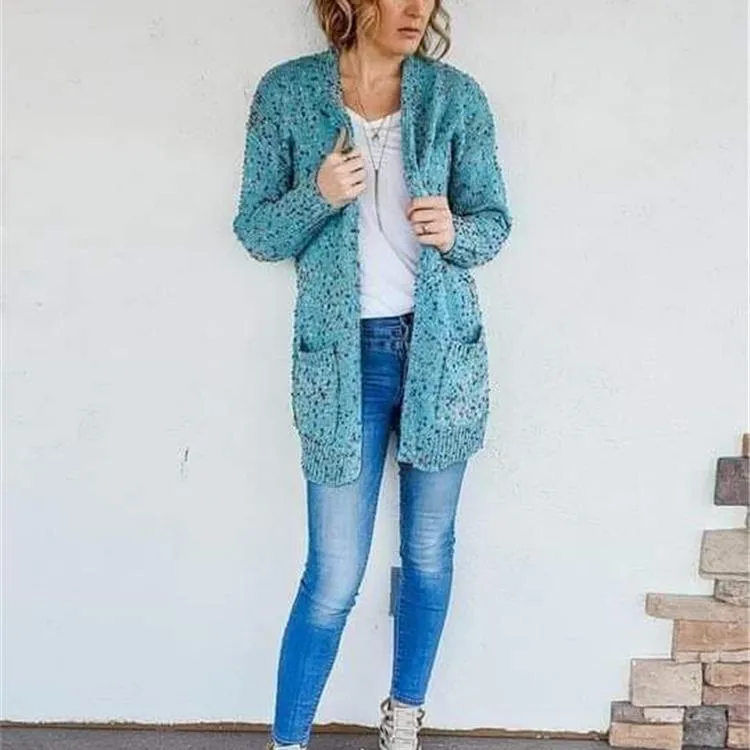Women colorful dot knitted winter fall pockets long cardigan