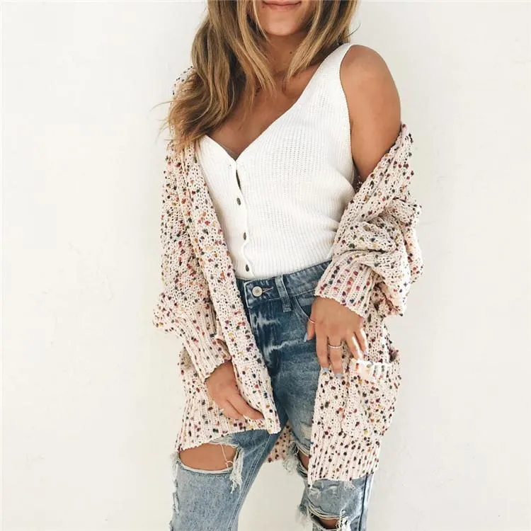 Women colorful dot knitted winter fall pockets long cardigan