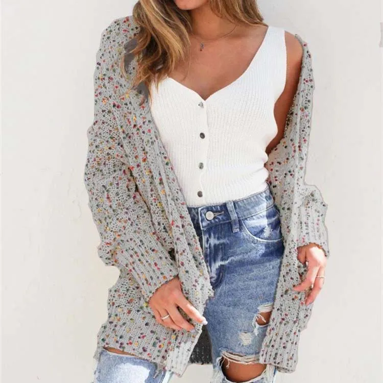 Women colorful dot knitted winter fall pockets long cardigan