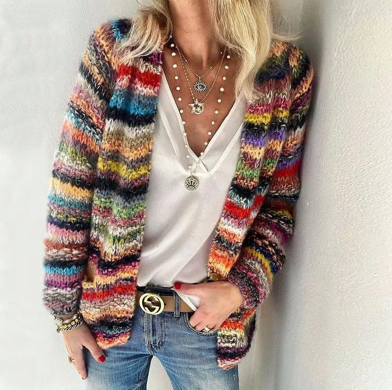 Women long sleeve knitted colorful light striped cardigan