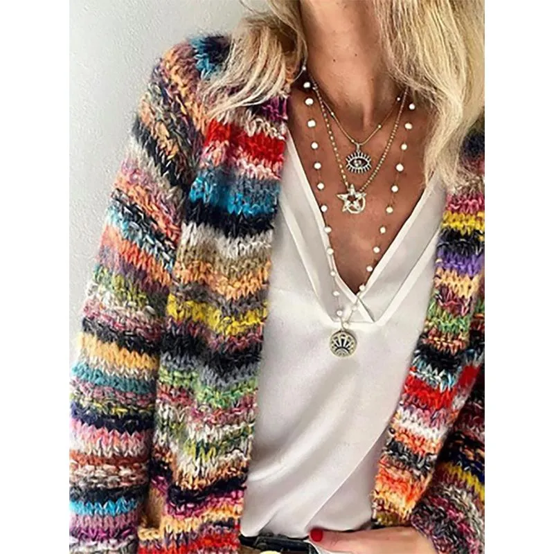 Women long sleeve knitted colorful light striped cardigan
