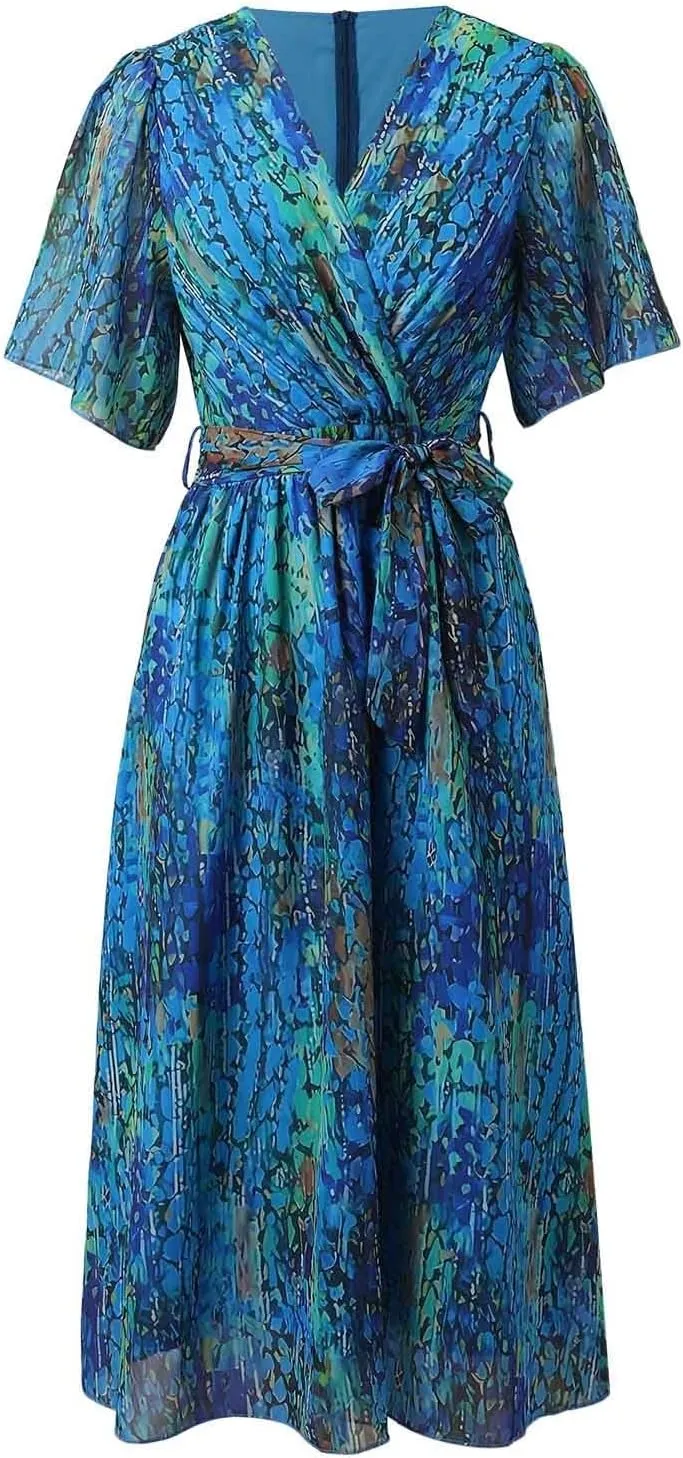 Women's Chiffon Cocktail Dress | Spring Summer Wrap Dress with Floral Print, Sexy Flowy Midi Dress for Wedding Guest