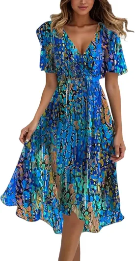 Women's Chiffon Cocktail Dress | Spring Summer Wrap Dress with Floral Print, Sexy Flowy Midi Dress for Wedding Guest