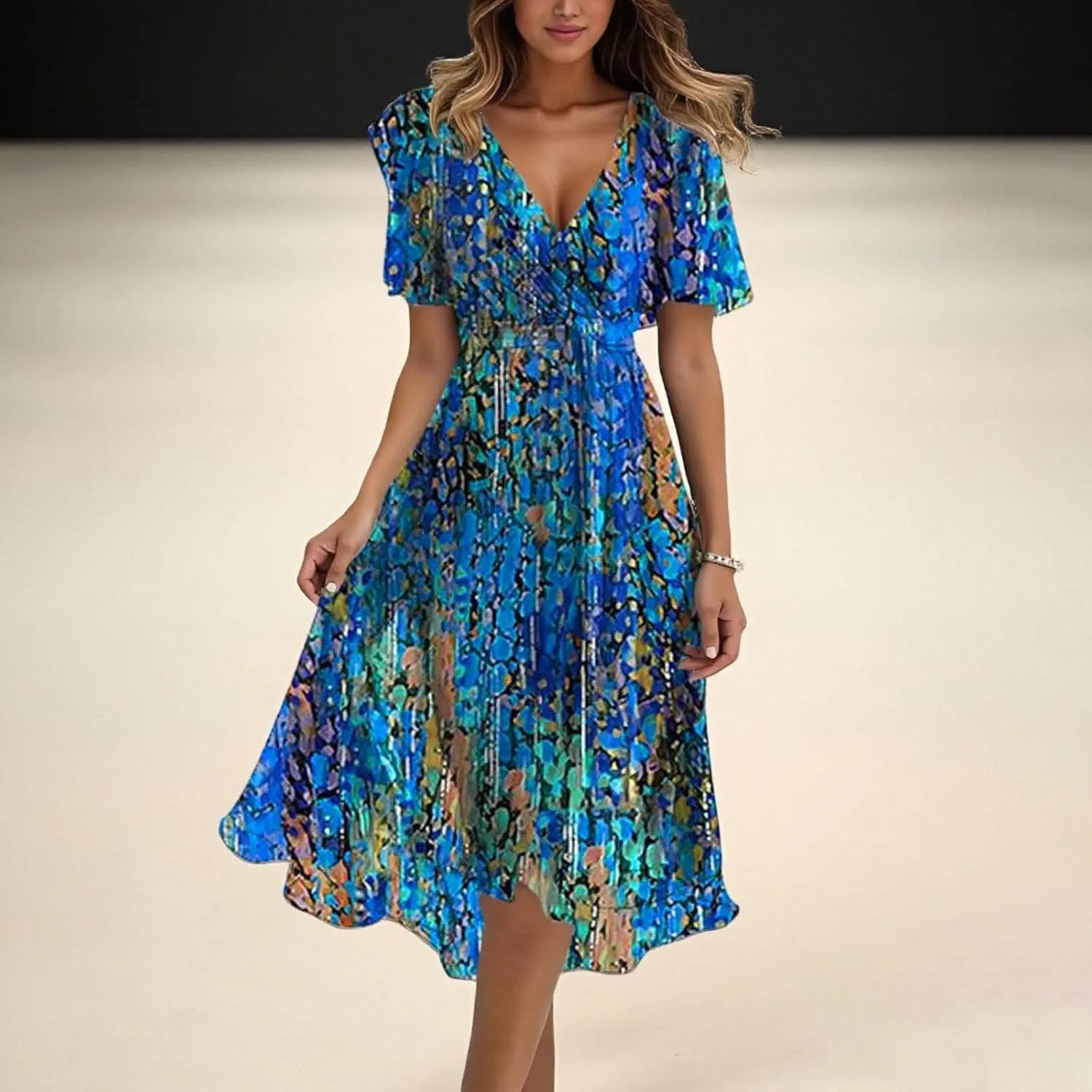Women's Chiffon Cocktail Dress | Spring Summer Wrap Dress with Floral Print, Sexy Flowy Midi Dress for Wedding Guest