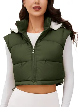 Women's Puffer Vest Hooded Button Down Zip Up Winter Outerwear Vests with Pockets