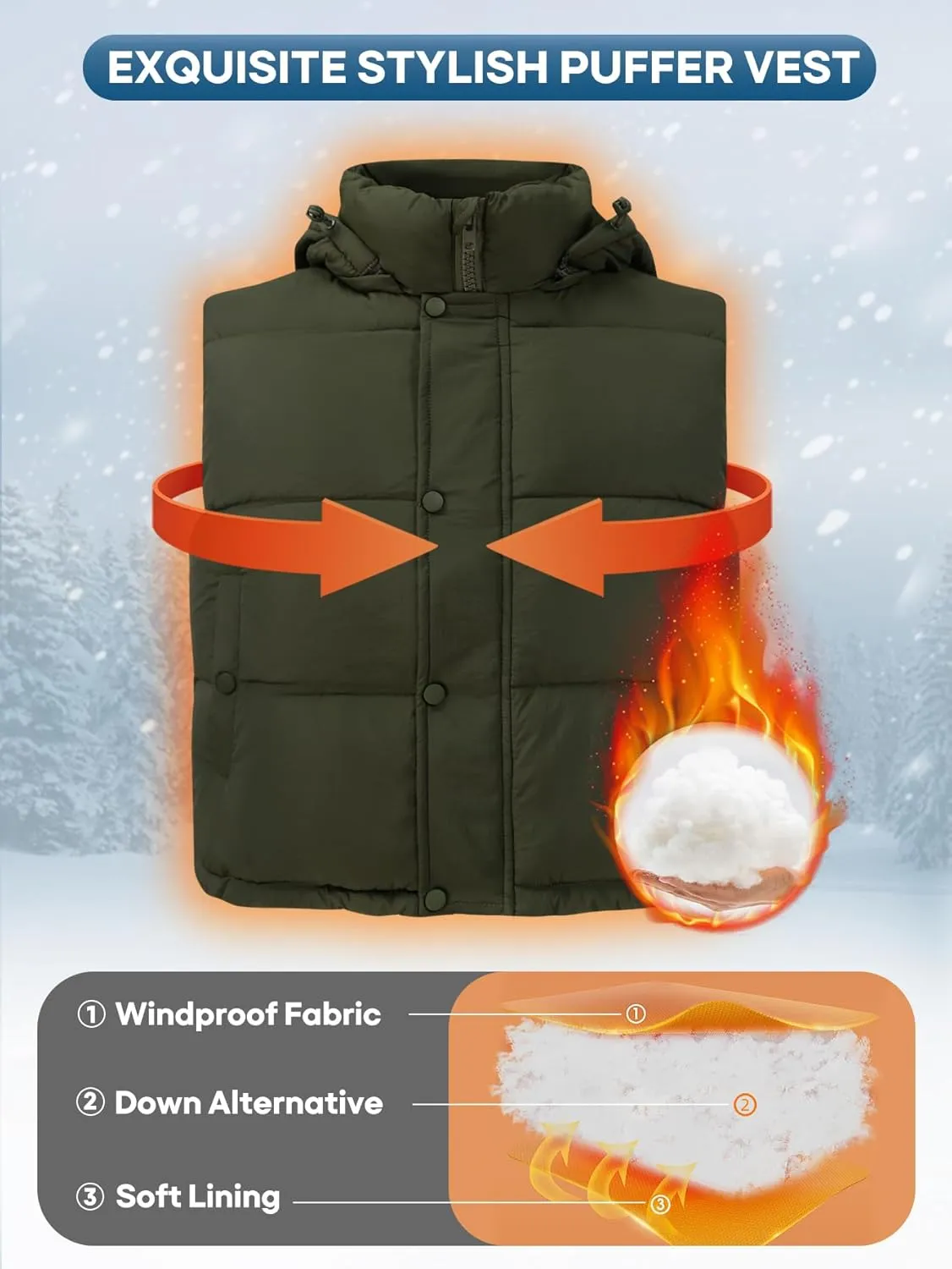 Women's Puffer Vest Hooded Button Down Zip Up Winter Outerwear Vests with Pockets