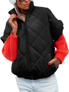 Women's Puffer Vest Stand Collar Zipper Short sleeve Jackets Fashion Winter Lightweight Vests Warm Padded Jacket Coat