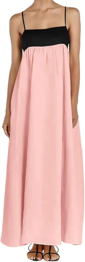 Women's Spaghetti Straps Maxi Dress Color Block Contrast Trim Dresses Summer Outfits Cotton Linen Sleeveless Long Dresses