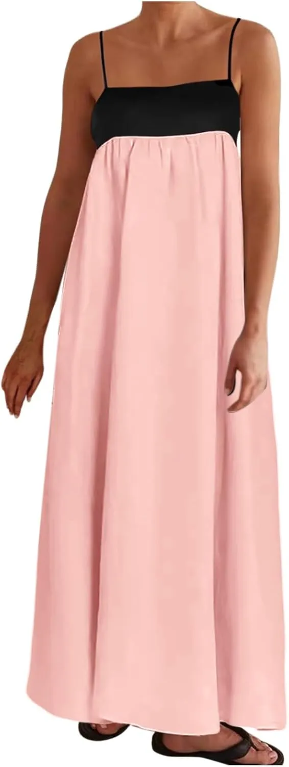 Women's Spaghetti Straps Maxi Dress Color Block Contrast Trim Dresses Summer Outfits Cotton Linen Sleeveless Long Dresses