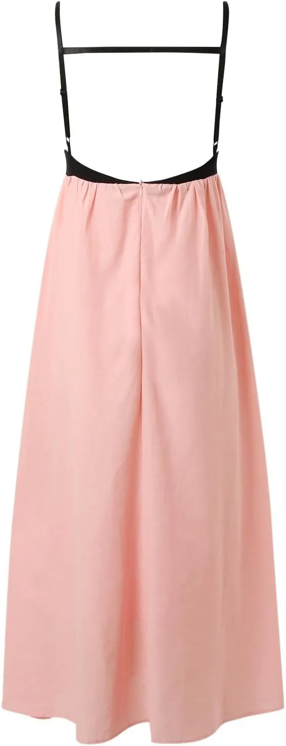 Women's Spaghetti Straps Maxi Dress Color Block Contrast Trim Dresses Summer Outfits Cotton Linen Sleeveless Long Dresses
