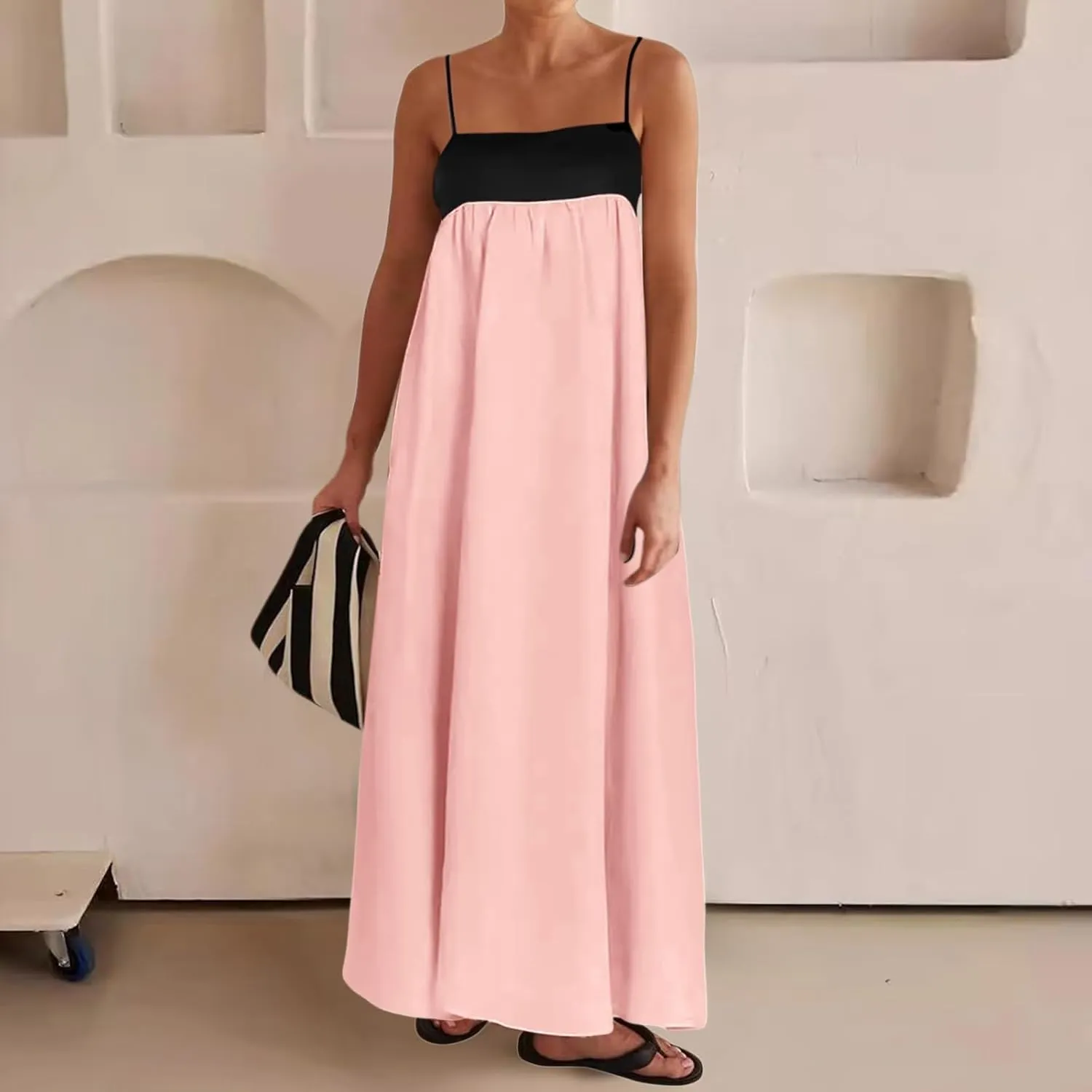 Women's Spaghetti Straps Maxi Dress Color Block Contrast Trim Dresses Summer Outfits Cotton Linen Sleeveless Long Dresses