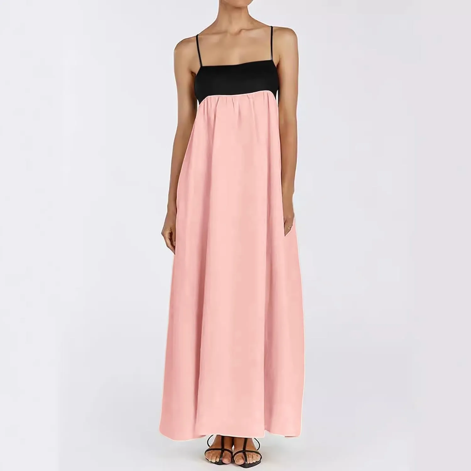 Women's Spaghetti Straps Maxi Dress Color Block Contrast Trim Dresses Summer Outfits Cotton Linen Sleeveless Long Dresses