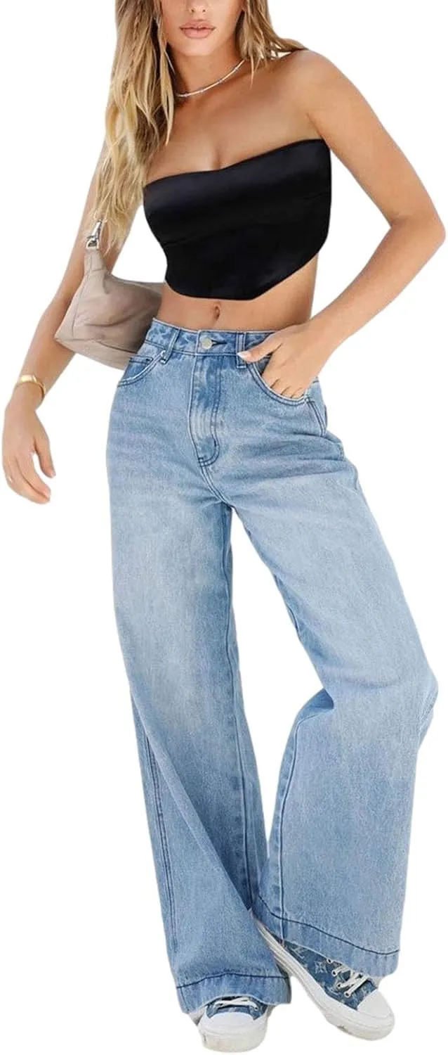 Women's Straight Leg Jeans High Waist Wide-Leg Jeans Side Pocket Vintage Baggy Denim Pants Streetwear