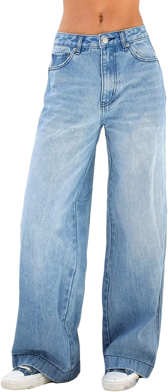 Women's Straight Leg Jeans High Waist Wide-Leg Jeans Side Pocket Vintage Baggy Denim Pants Streetwear