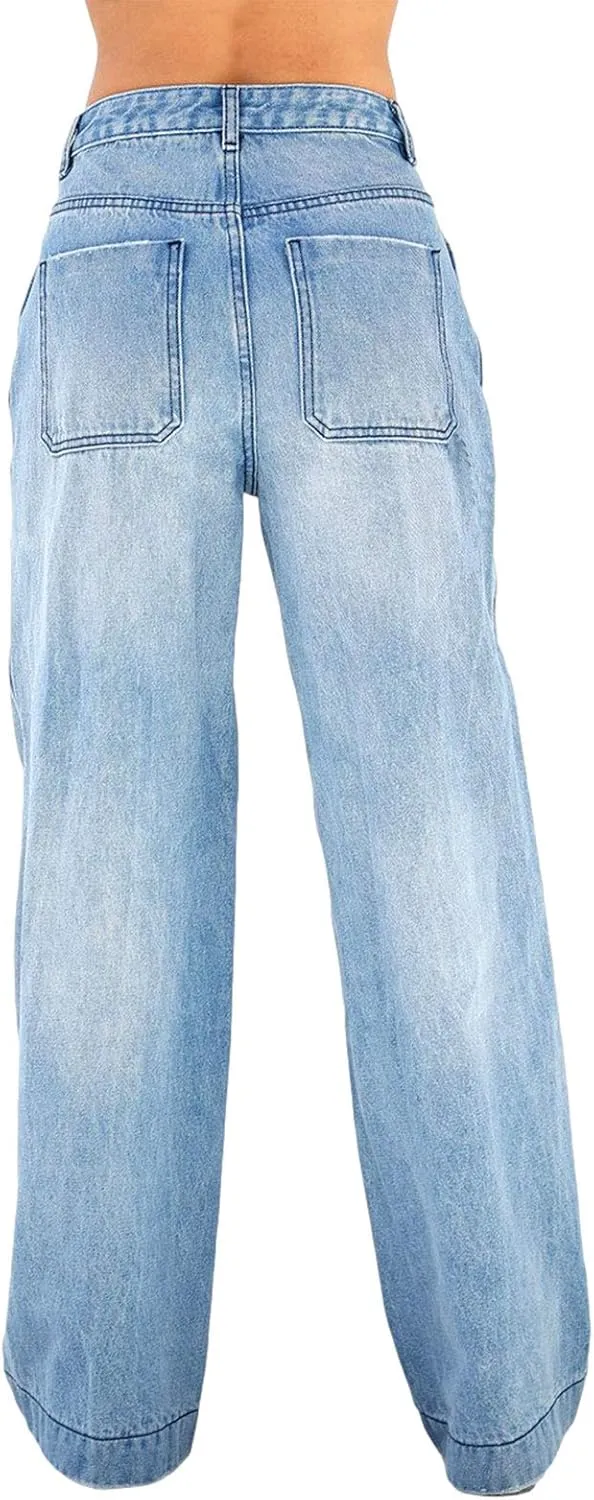 Women's Straight Leg Jeans High Waist Wide-Leg Jeans Side Pocket Vintage Baggy Denim Pants Streetwear