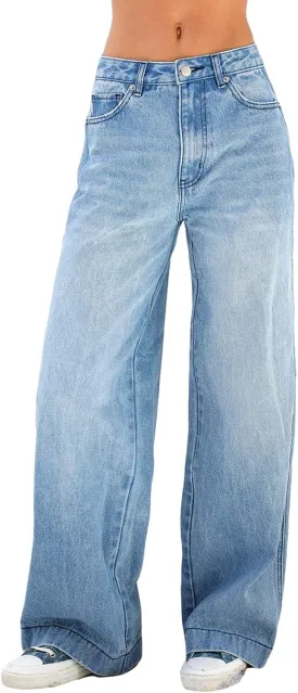 Women's Straight Leg Jeans High Waist Wide-Leg Jeans Side Pocket Vintage Baggy Denim Pants Streetwear
